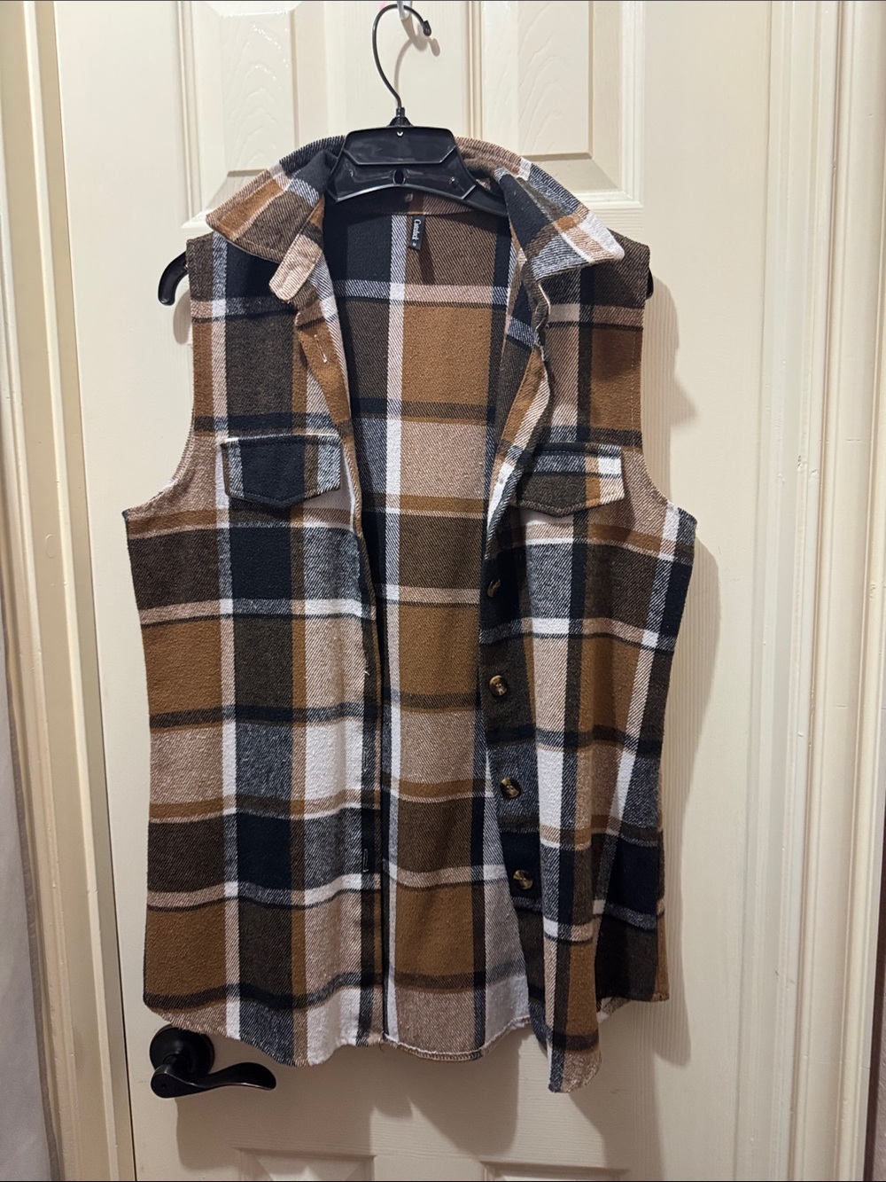 Plaid Sleeveless Button-Front Vest in Brown and Black